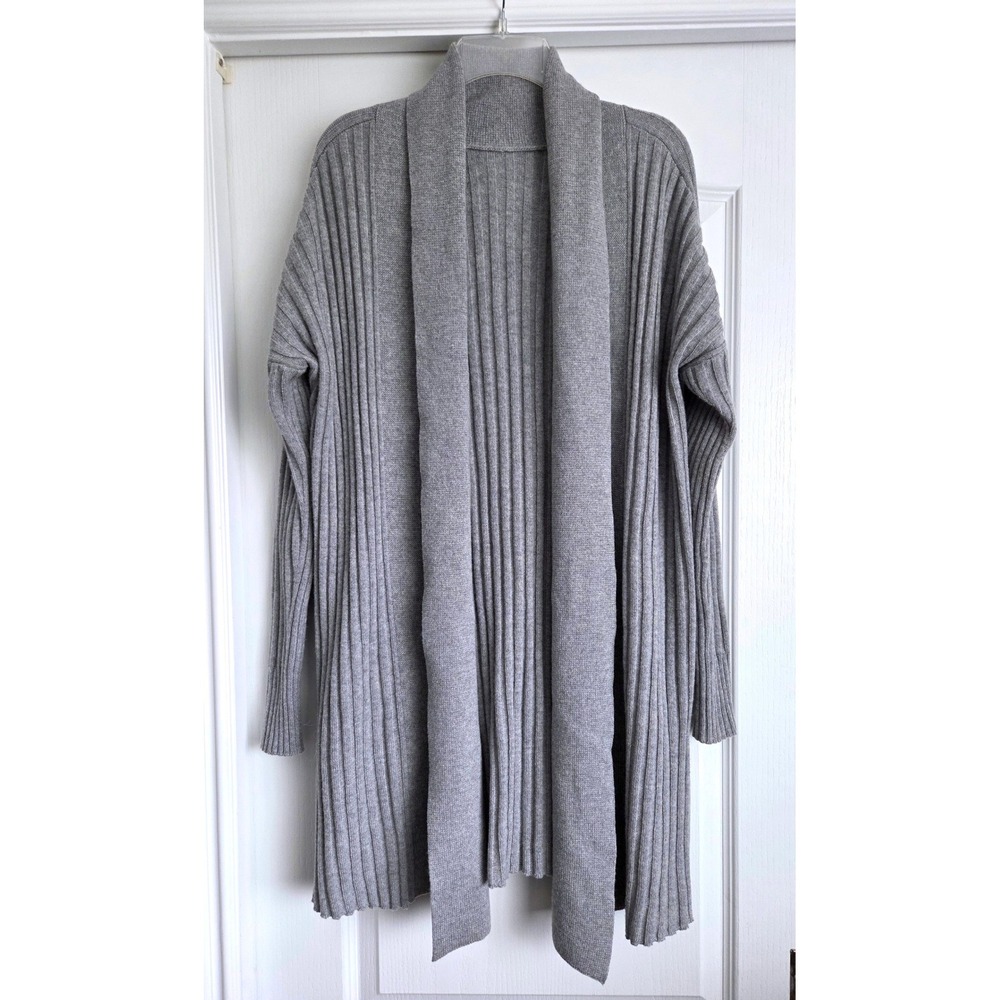 A'bout Design Corp 100% Cashmere Ribbed Open Front Cardigan Gray Shawl Collar L